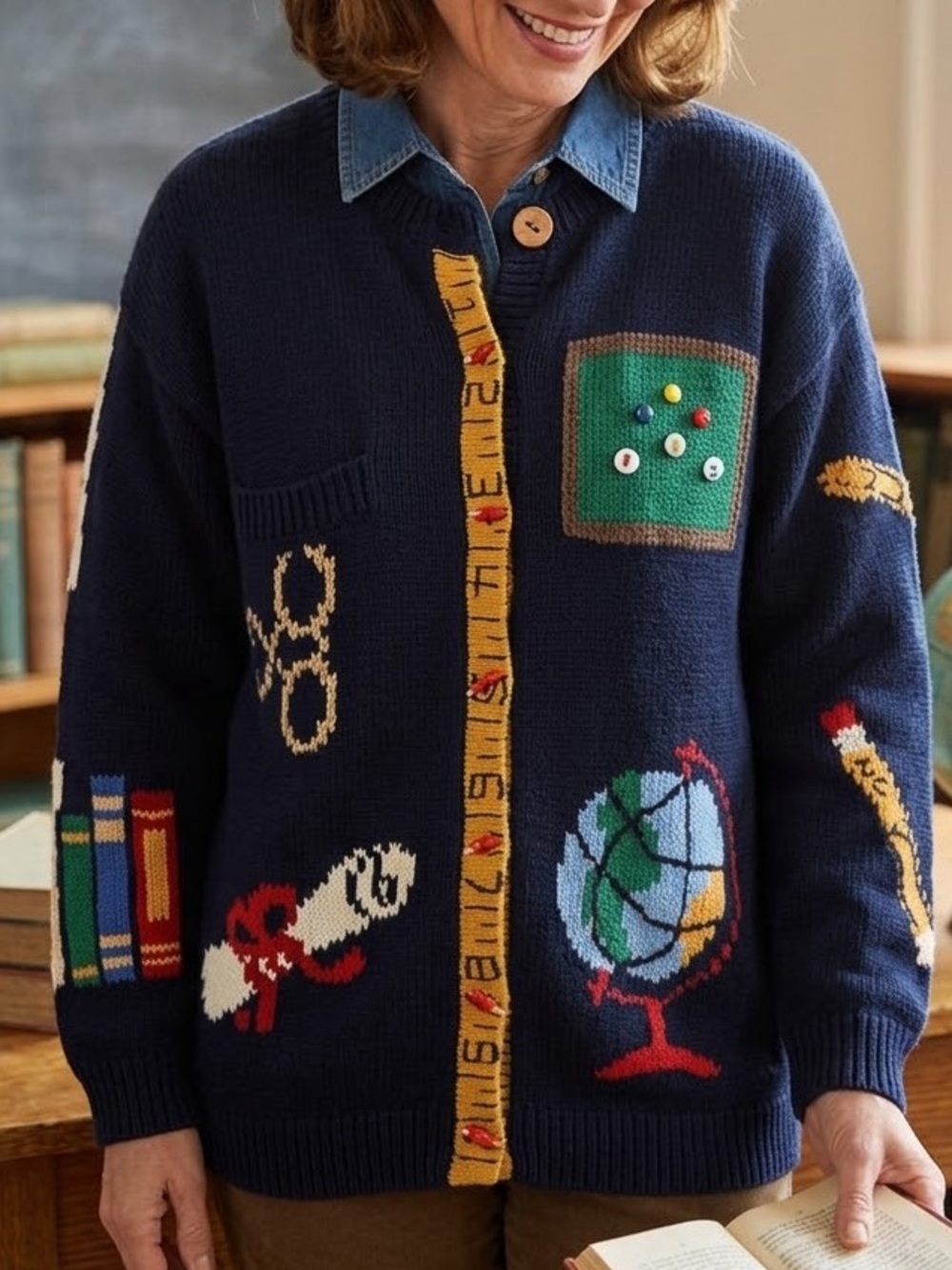 BellePointe Novelty Teacher Schoolhouse Cardigan Sweater Whimsical Knit Large